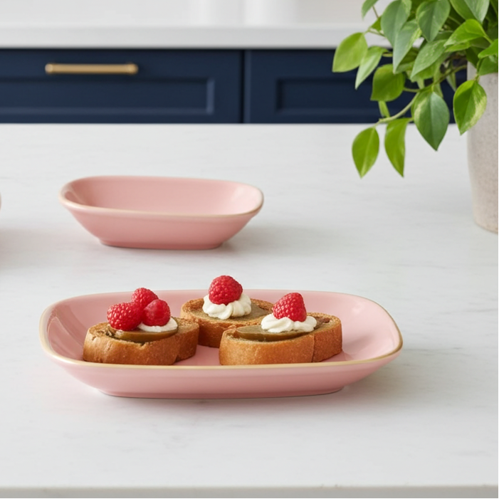 Pink ceramic plates on a kitchen counter with food and a plant.