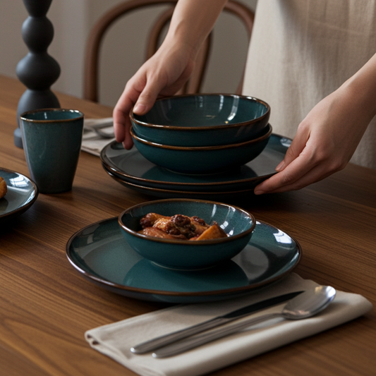 Person arranging blue ceramic dishes on a wooden table with a candle and chair in the background.