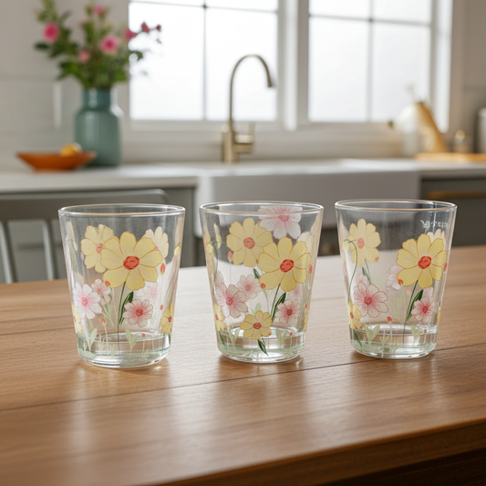 Three floral-patterned glasses on a wooden table with a kitchen background.