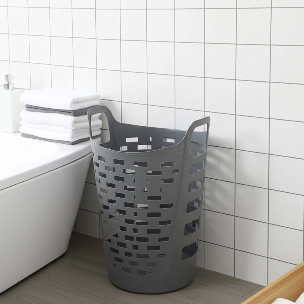Gray laundry basket in a bathroom with white tiled walls and a bathtub.