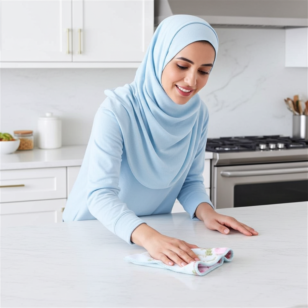 Woman in a light blue hijab cleaning a kitchen counter.