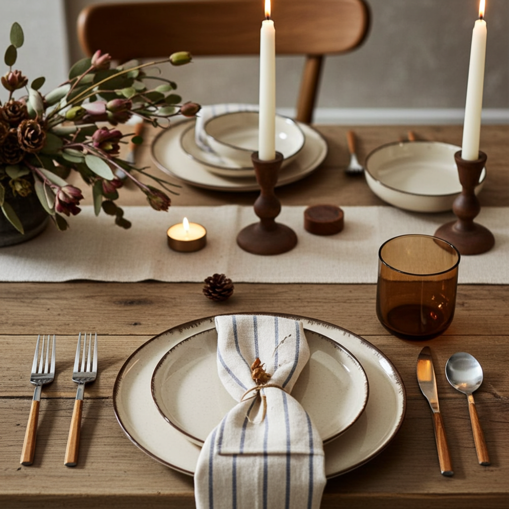 Dining table set with plates, candles, and cutlery on a wooden surface.
