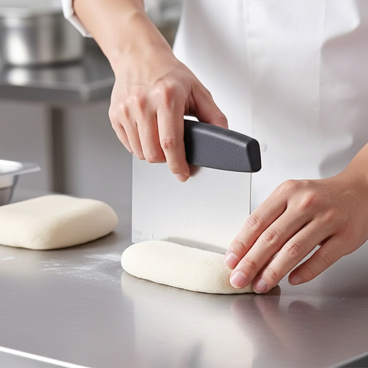 Person cutting dough with a bench scraper on a kitchen counter.