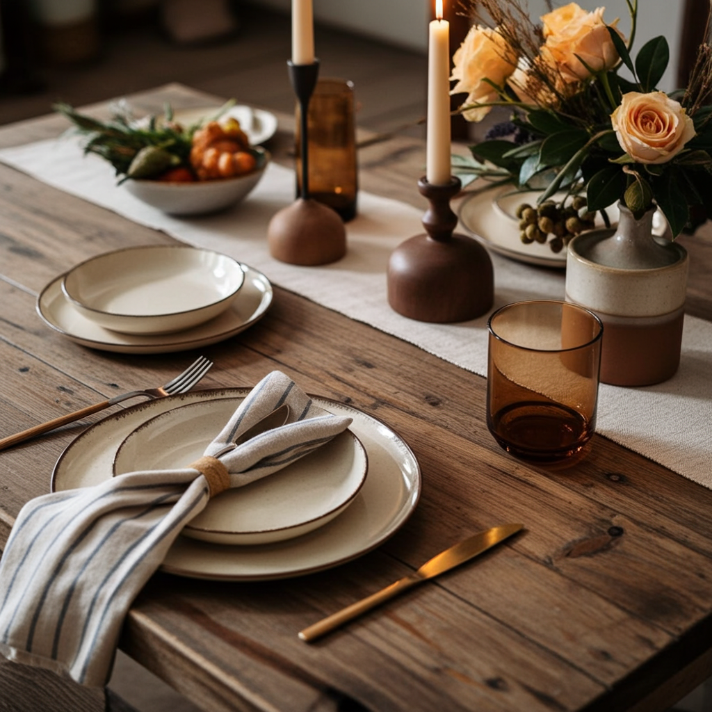 Dining table set with plates, napkins, and candles on a wooden surface
