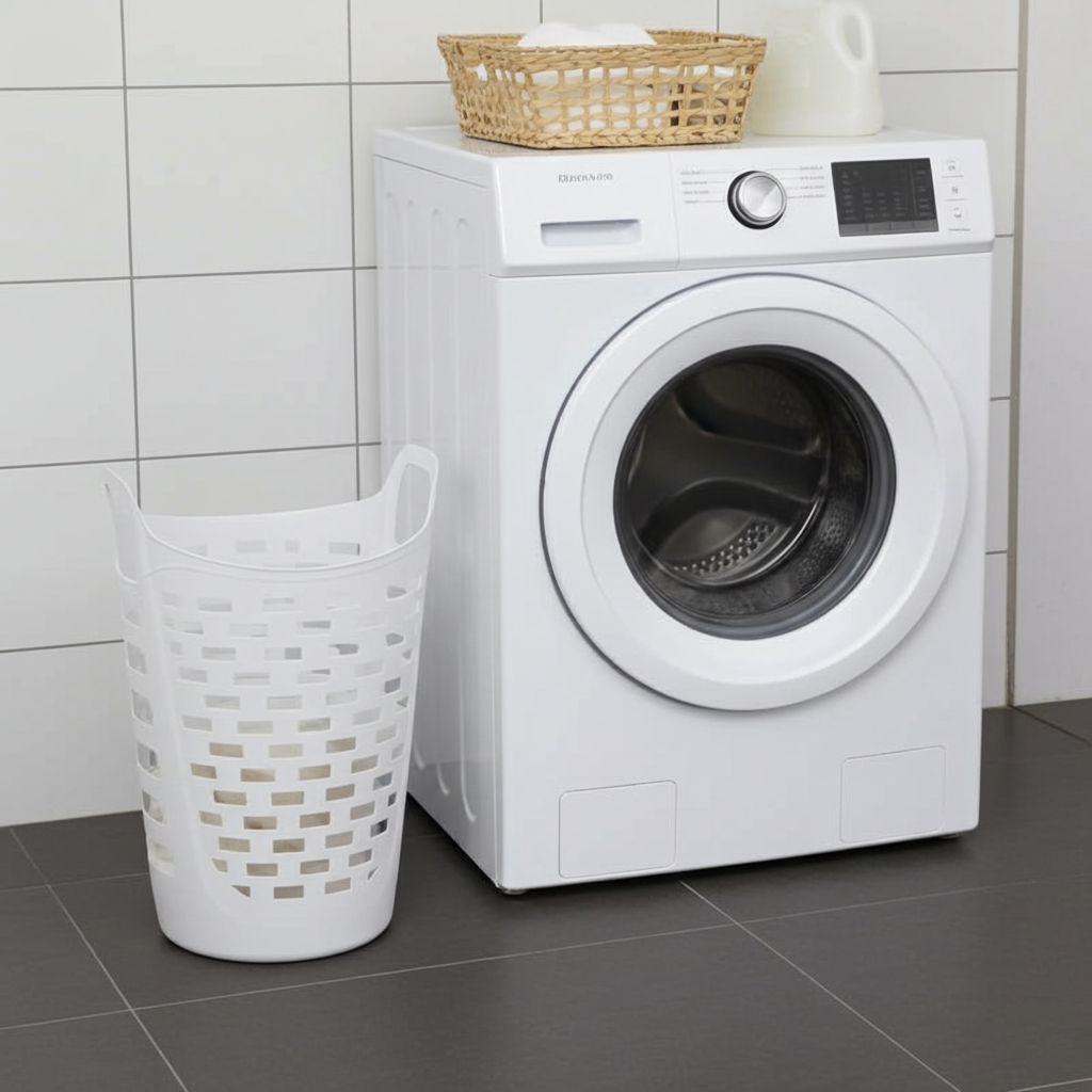 White washing machine with a basket on top in a tiled laundry room.