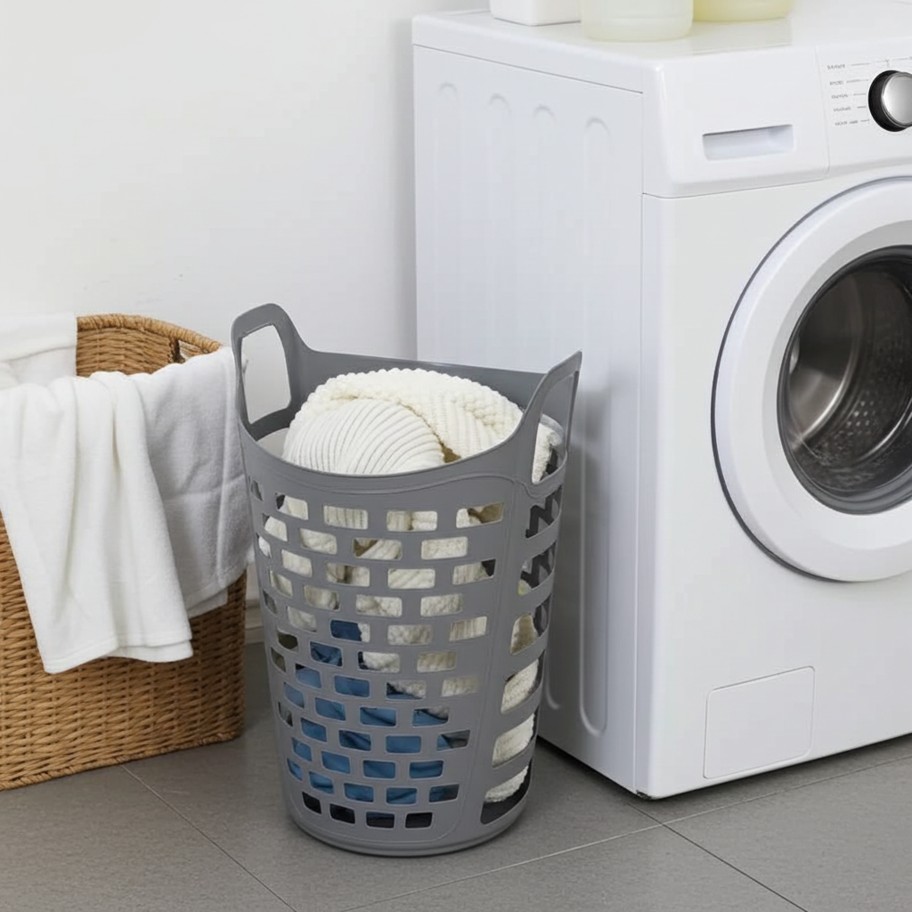 Gray laundry basket with white towels next to a white washing machine in a laundry room.