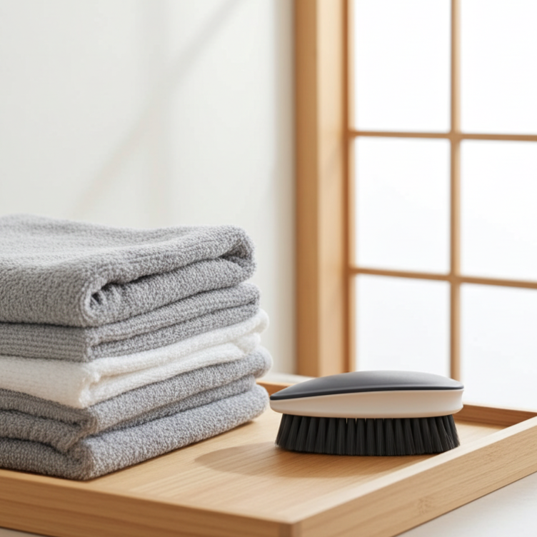 Stack of folded towels on a wooden tray with a brush in a minimalistic setting.