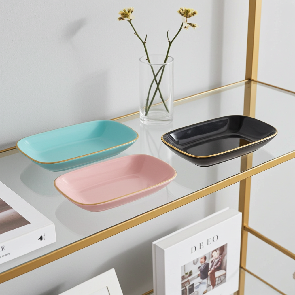 Three rectangular ceramic trays in turquoise, pink, and black on a shelf with a vase and books.