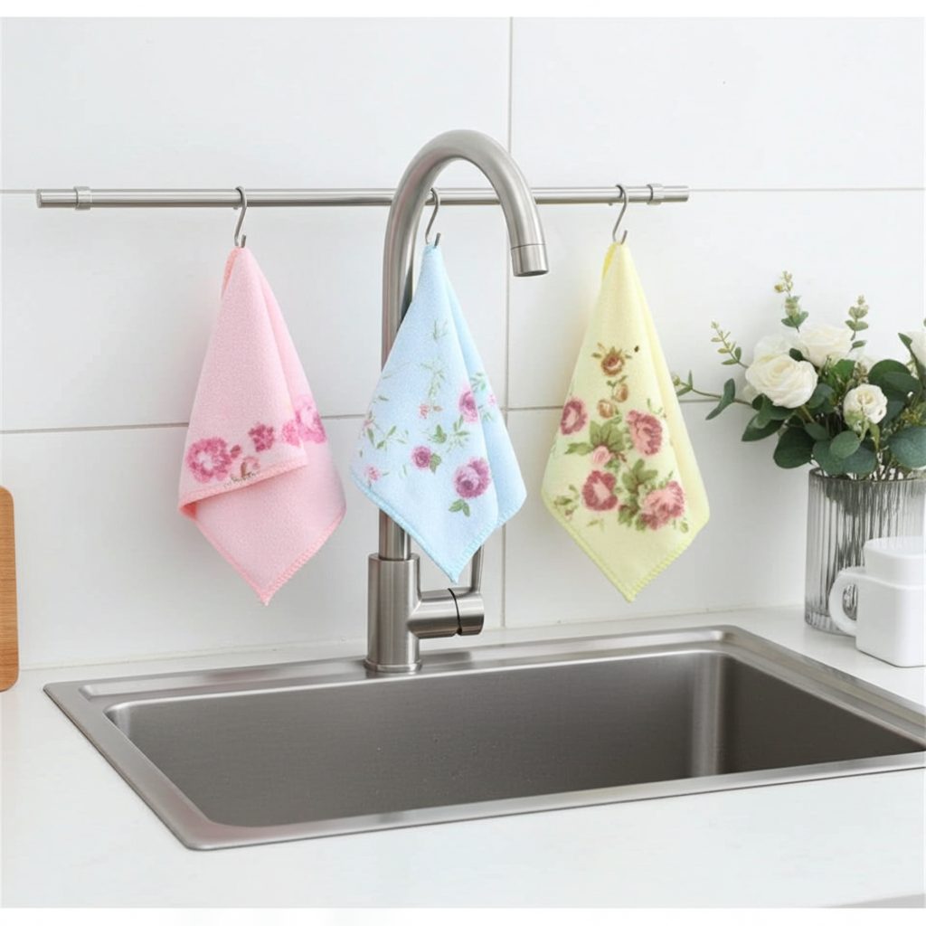 Three floral towels hanging above a kitchen sink with a decorative plant in the background.