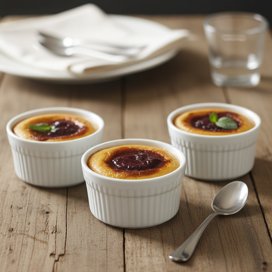 Three ramekins of creme brèleé on a wooden table with a spoon and glasses in the background.