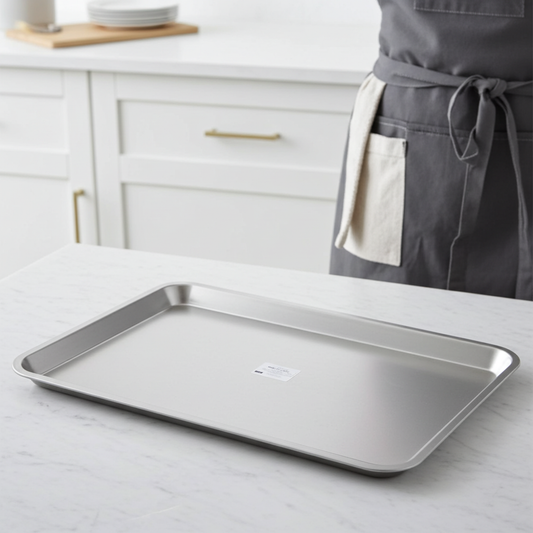 Metal baking tray on a kitchen counter with a person wearing an apron in the background.