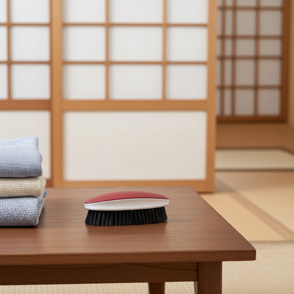 Cleaning brush with red top and black bristles on a wooden table in a traditional Japanese room.