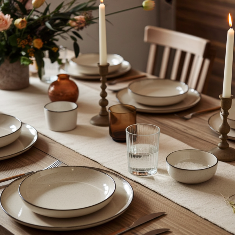 Dining table set with plates, glasses, and candles in a warm indoor setting.