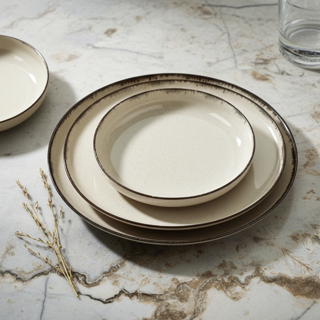 Set of ceramic plates on a marble surface
