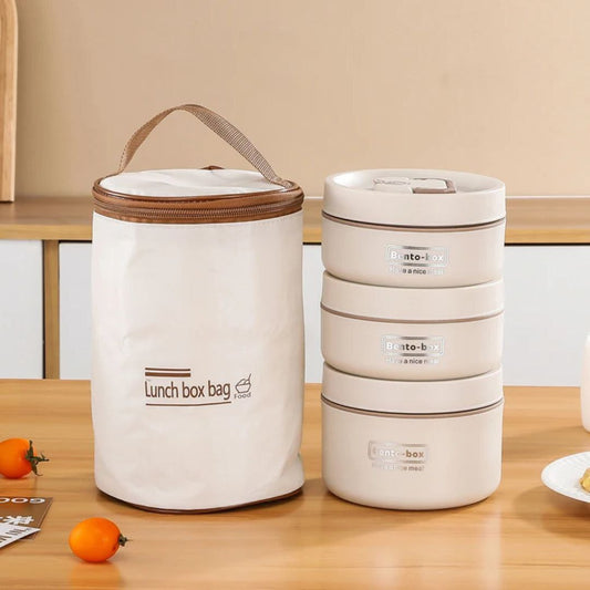 Lunch box bag and containers on a wooden table with a beige background