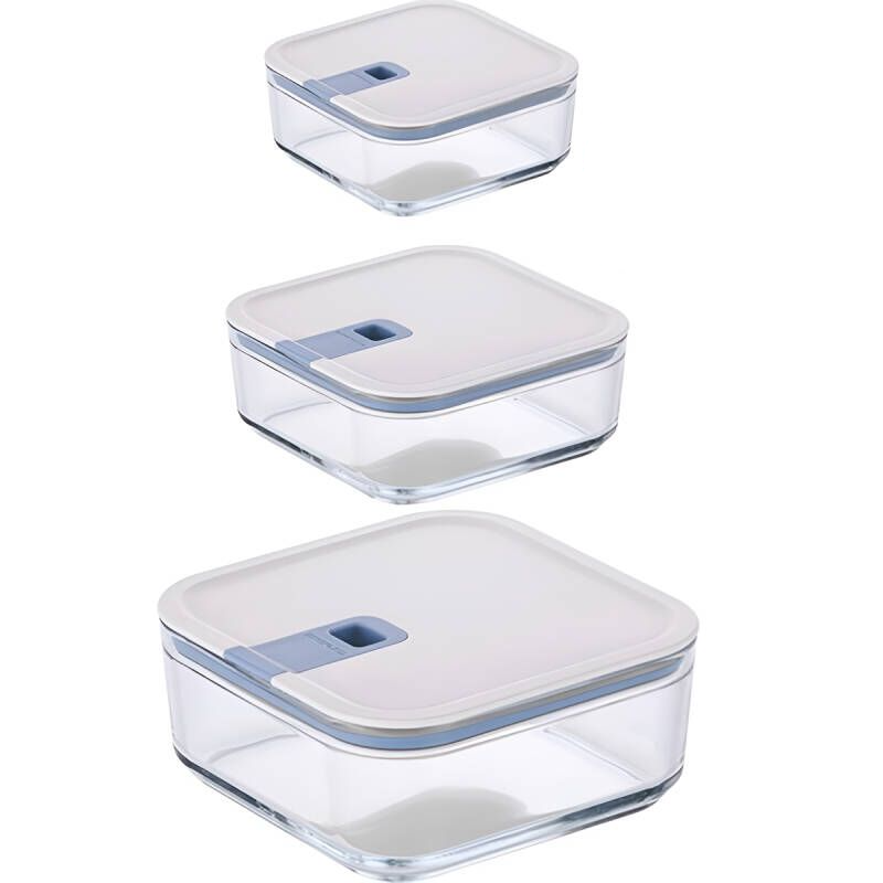 a square-shaped food storage container with a blue silicone lid, in a refrigerator filled with various other containers.