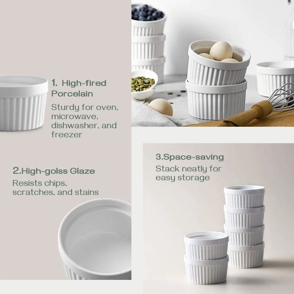 White Porcelain Ramekins 8-Piece Set | Oven, Microwave & Freezer Safe | Perfect for Soufflés, Crème Brûlée & Egyptian Desserts