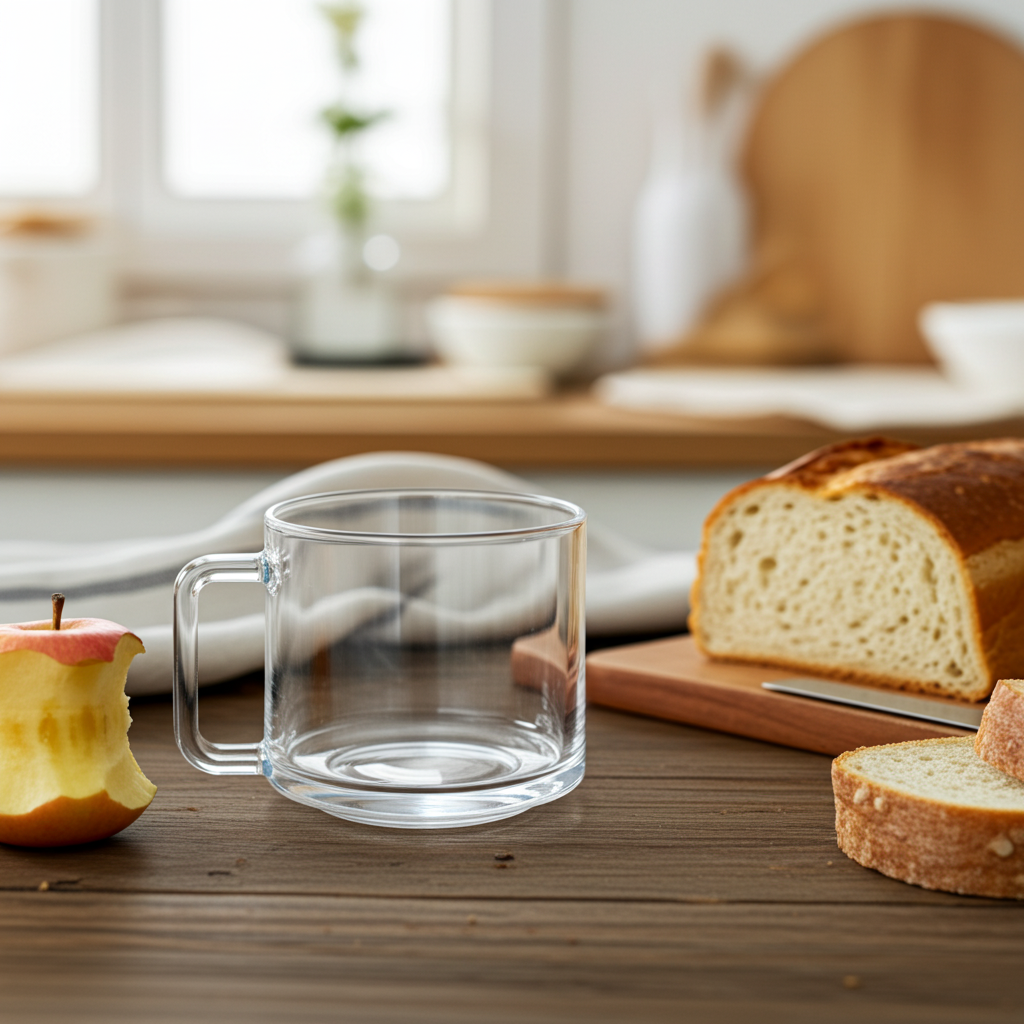 Clear glass mug on a wooden table with bread and an apple in a home setting
