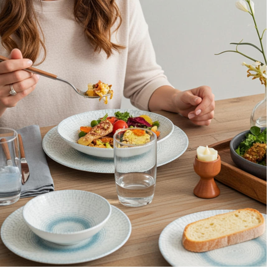 Woman enjoying a meal at a dining table with a bowl of salad and bread.