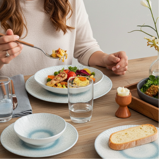 Woman enjoying a meal at a dining table with a bowl of salad and bread.