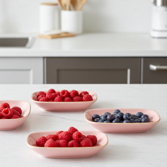 Four pink bowls on a kitchen counter with raspberries and blueberries.