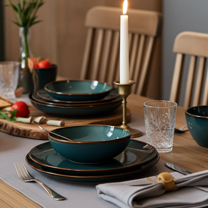Dining table set with teal and black ceramic plates, glasses, and cutlery on a wooden table.