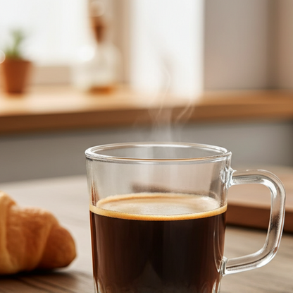 Clear glass mug with steaming coffee on a wooden table next to a croissant, with a blurred background.