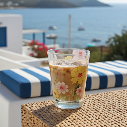 Glass of iced coffee with floral design on a table by the sea