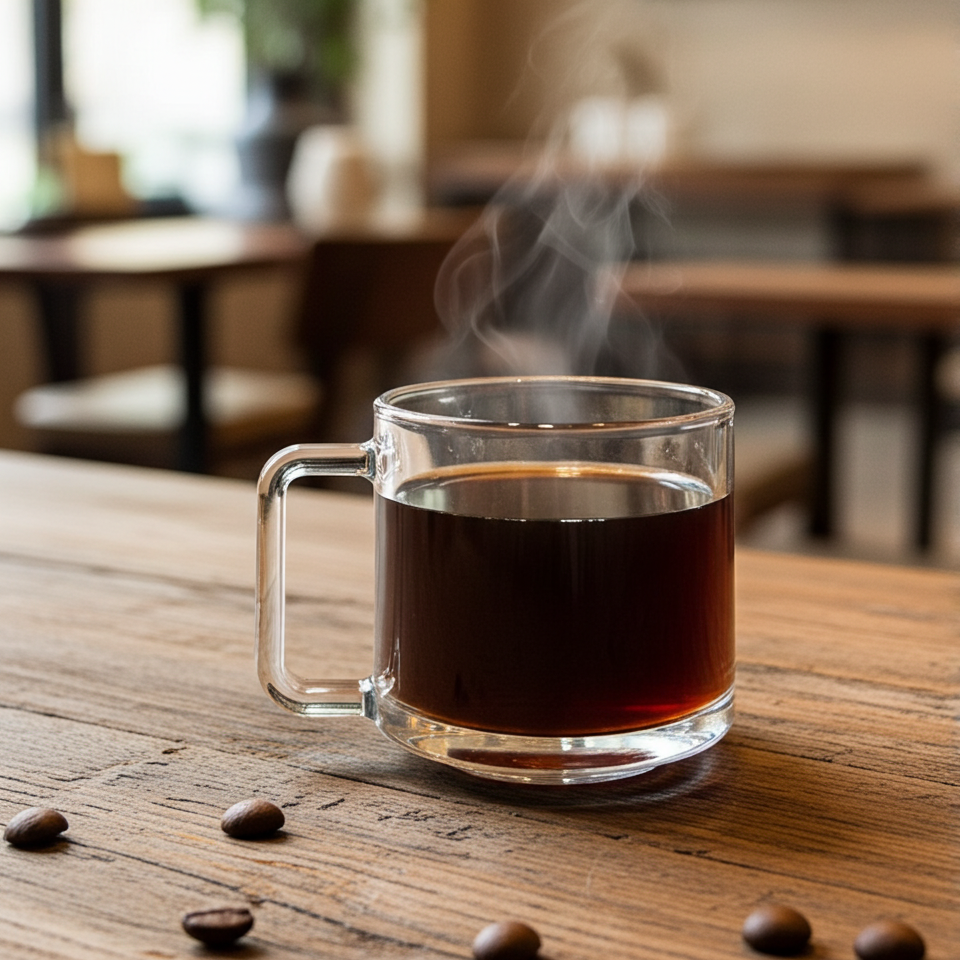 Steaming glass of coffee on a wooden table with scattered coffee beans in a cozy cafe setting.