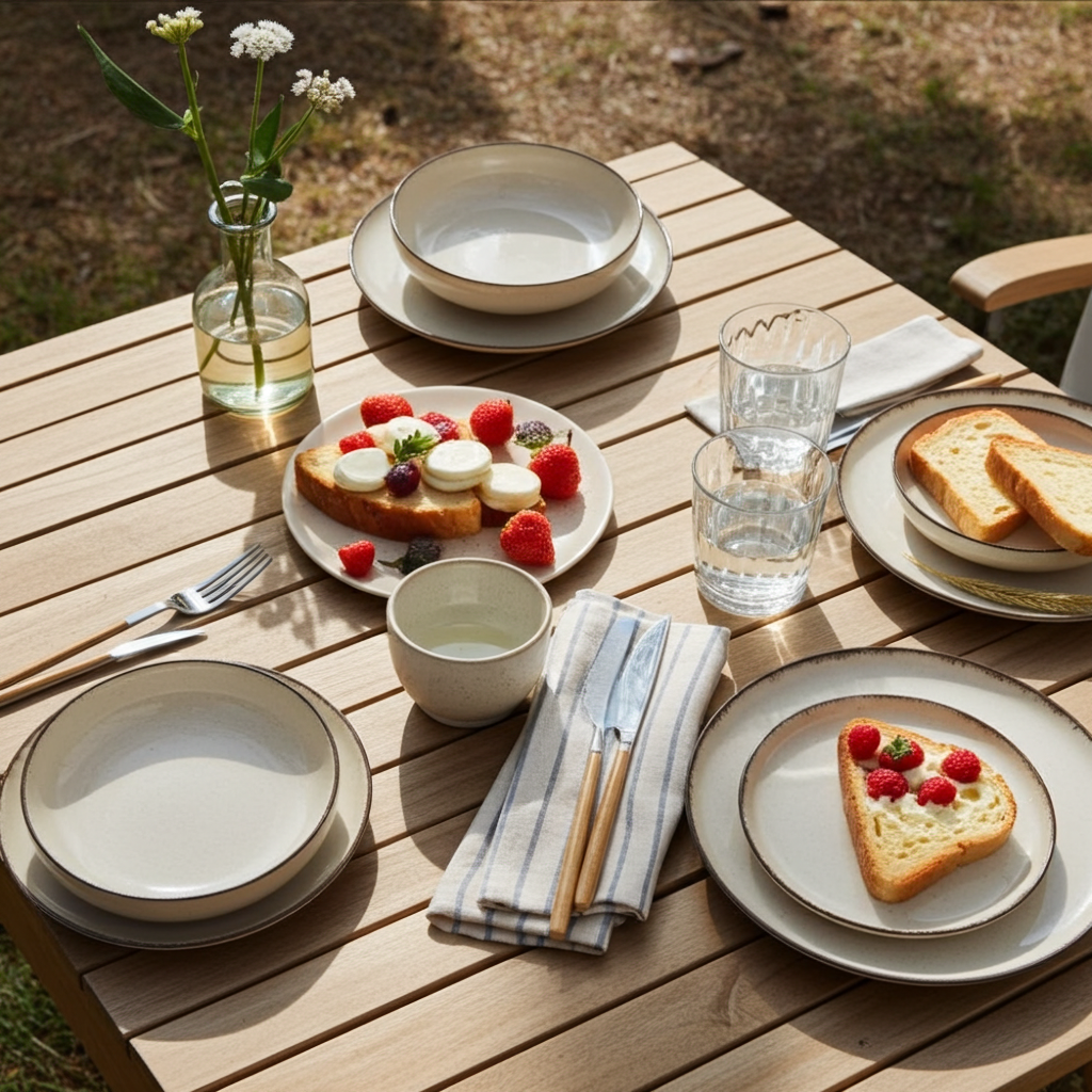 Outdoor dining setup with plates of food, glasses, and cutlery on a wooden table.