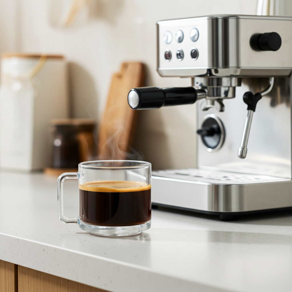 Espresso machine with a glass mug of steaming coffee on a kitchen counter.