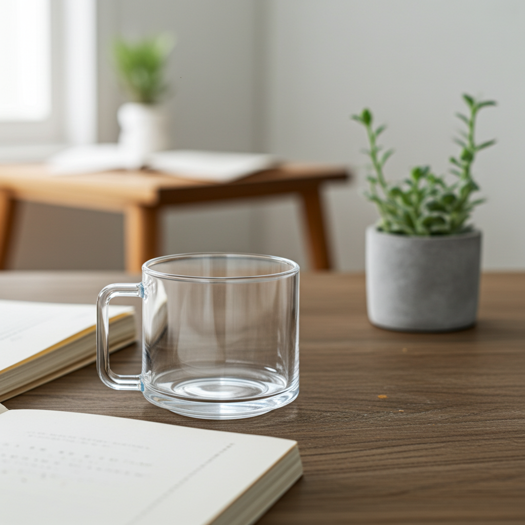 Clear glass mug on a wooden table with a blurred background of a plant and books.