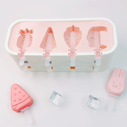 Popsicle mold with pink molds on a white background