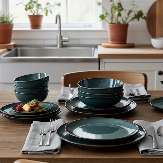 Teal ceramic dinnerware set on a wooden table with a kitchen background