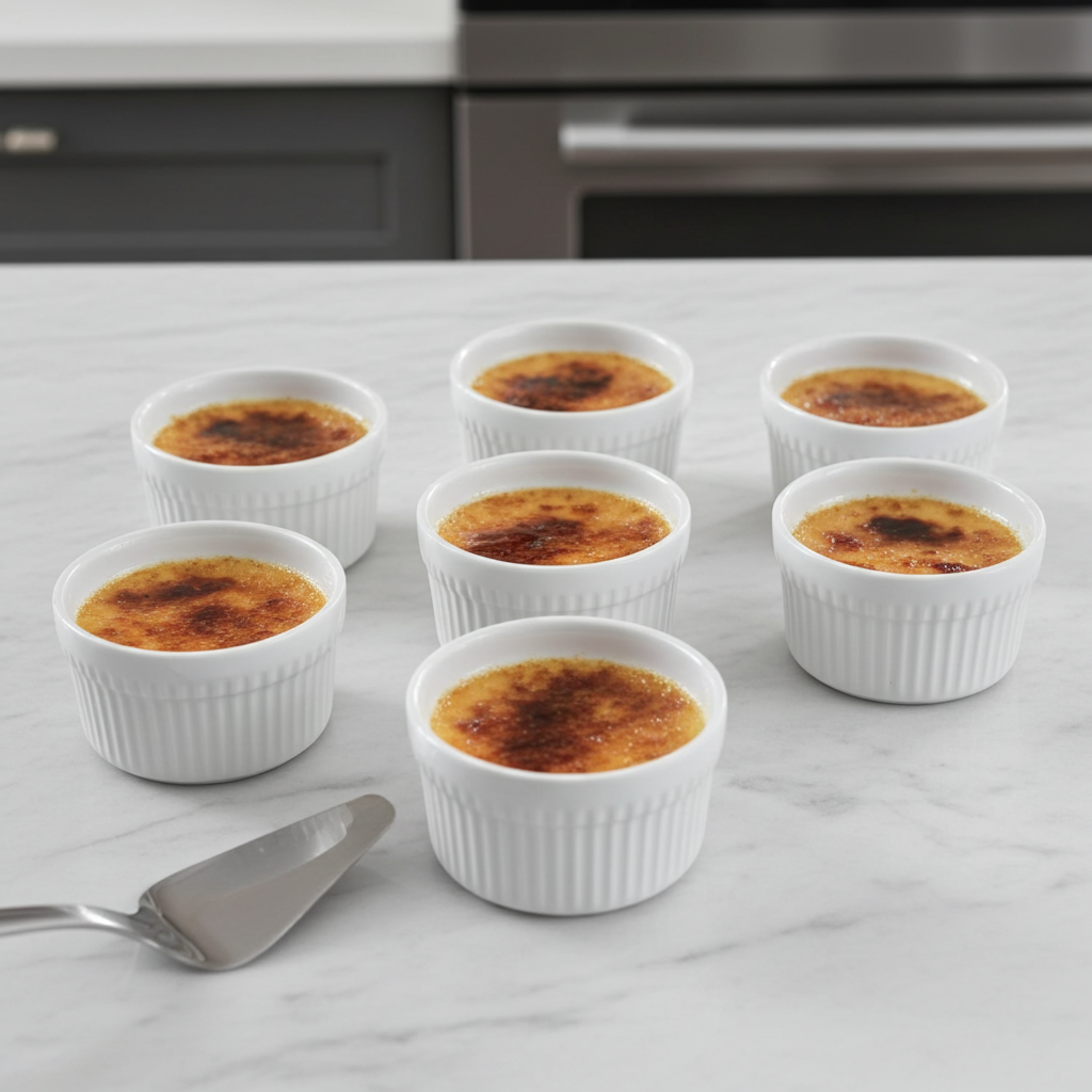  eight ramekins of creme brèleé on a marble countertop with a kitchen background