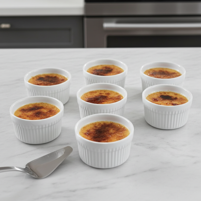  eight ramekins of creme brèleé on a marble countertop with a kitchen background