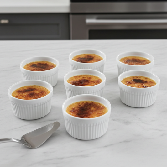  eight ramekins of creme brèleé on a marble countertop with a kitchen background
