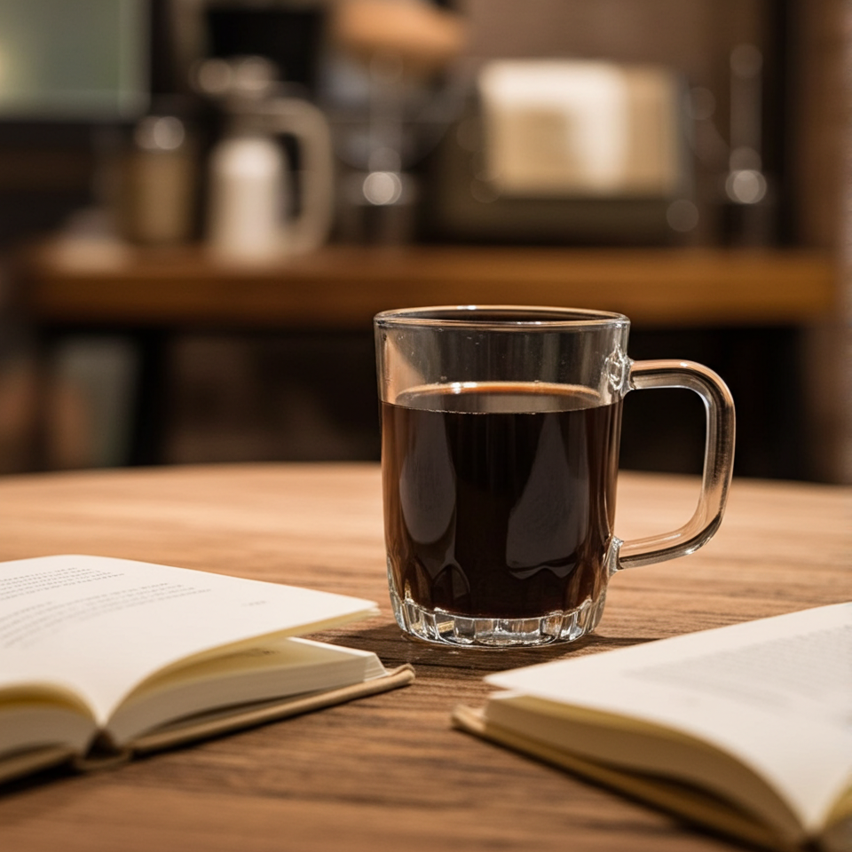 Glass mug of coffee on a wooden table with books, blurred kitchen background