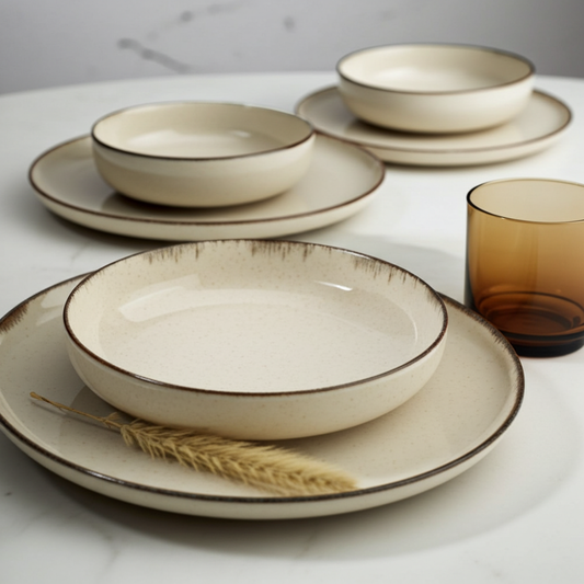 Set of ceramic dinnerware with a glass on a white surface