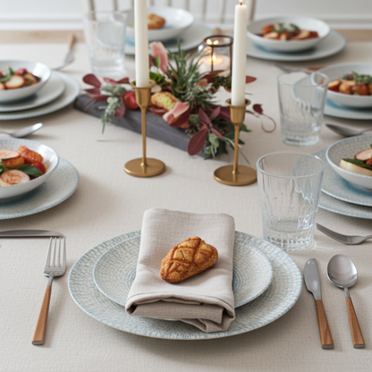 Elegant table setting with plates, napkins, and cutlery on a light-colored tablecloth.