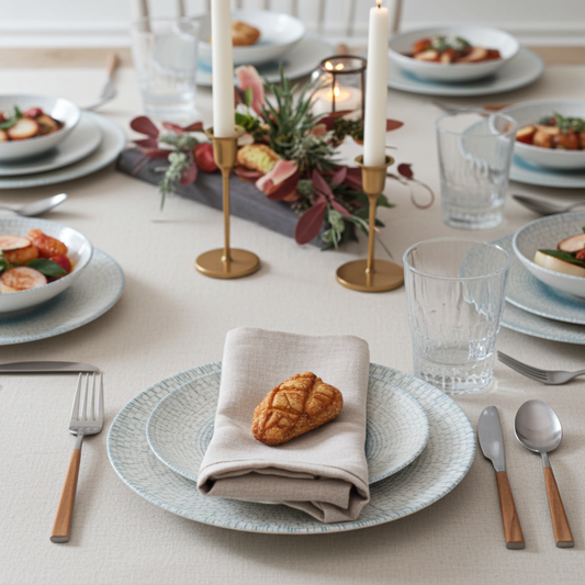 Elegant table setting with plates, napkins, and cutlery on a light-colored tablecloth.