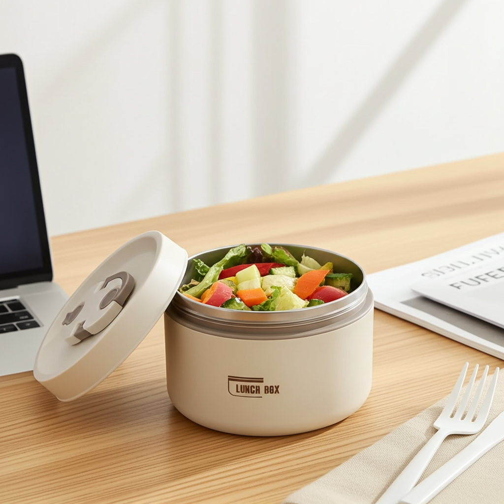 Lunch box with salad on a desk next to a laptop