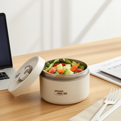 Lunch box with salad on a desk next to a laptop