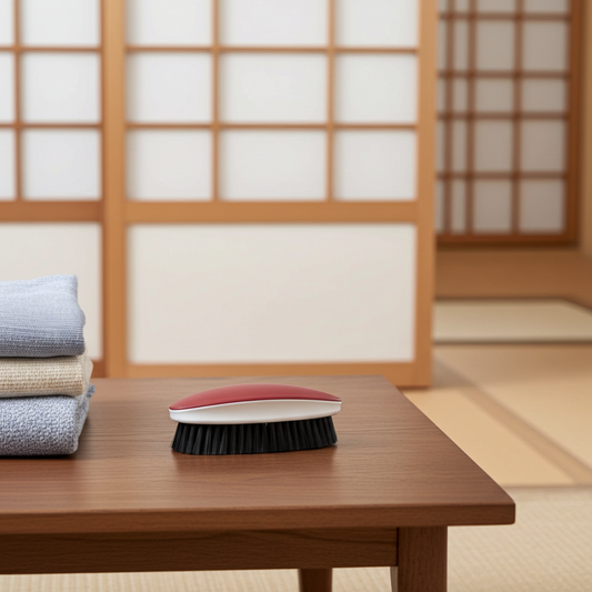 Cleaning brush with red top and black bristles on a wooden table in a traditional Japanese room.