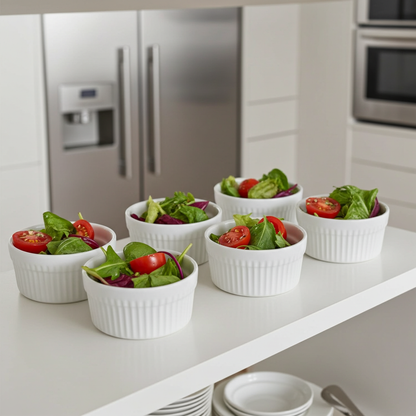 Small white bowls with salads on a kitchen counter