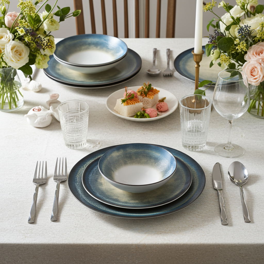 Elegant table setting with blue ceramic plates, silverware, and floral arrangements.