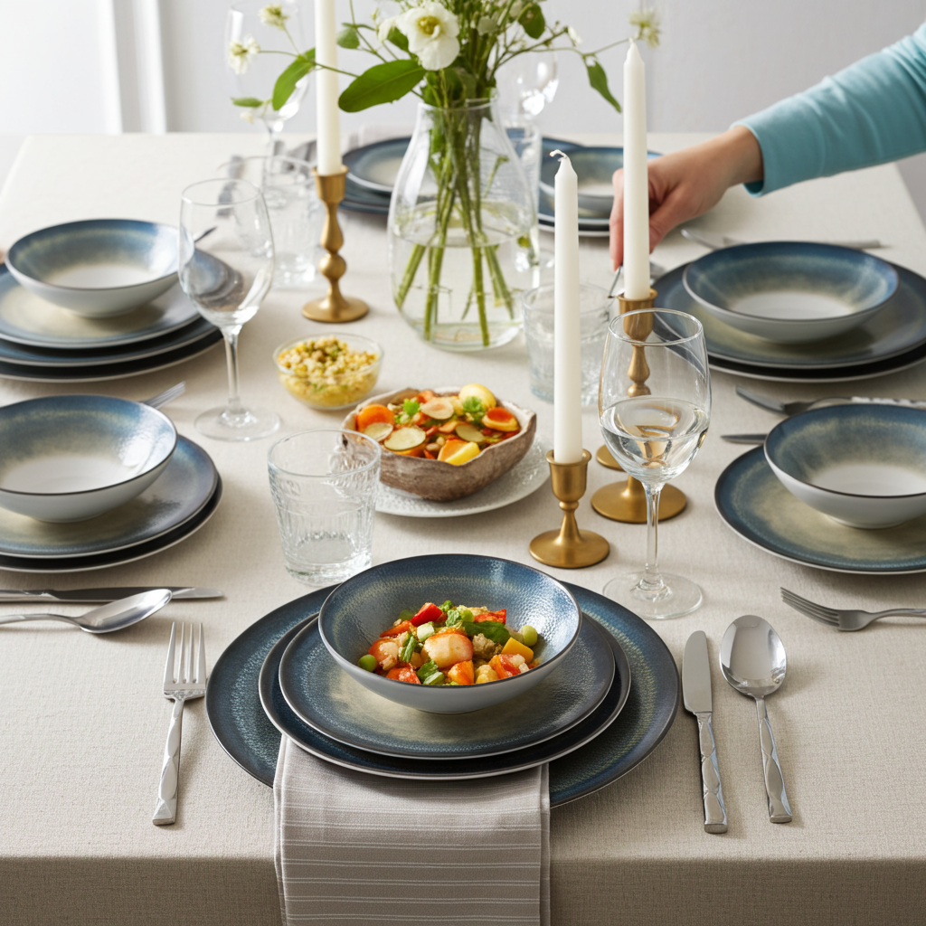 Elegant dinner table setting with blue ceramic plates, silverware, and a bowl of salad.