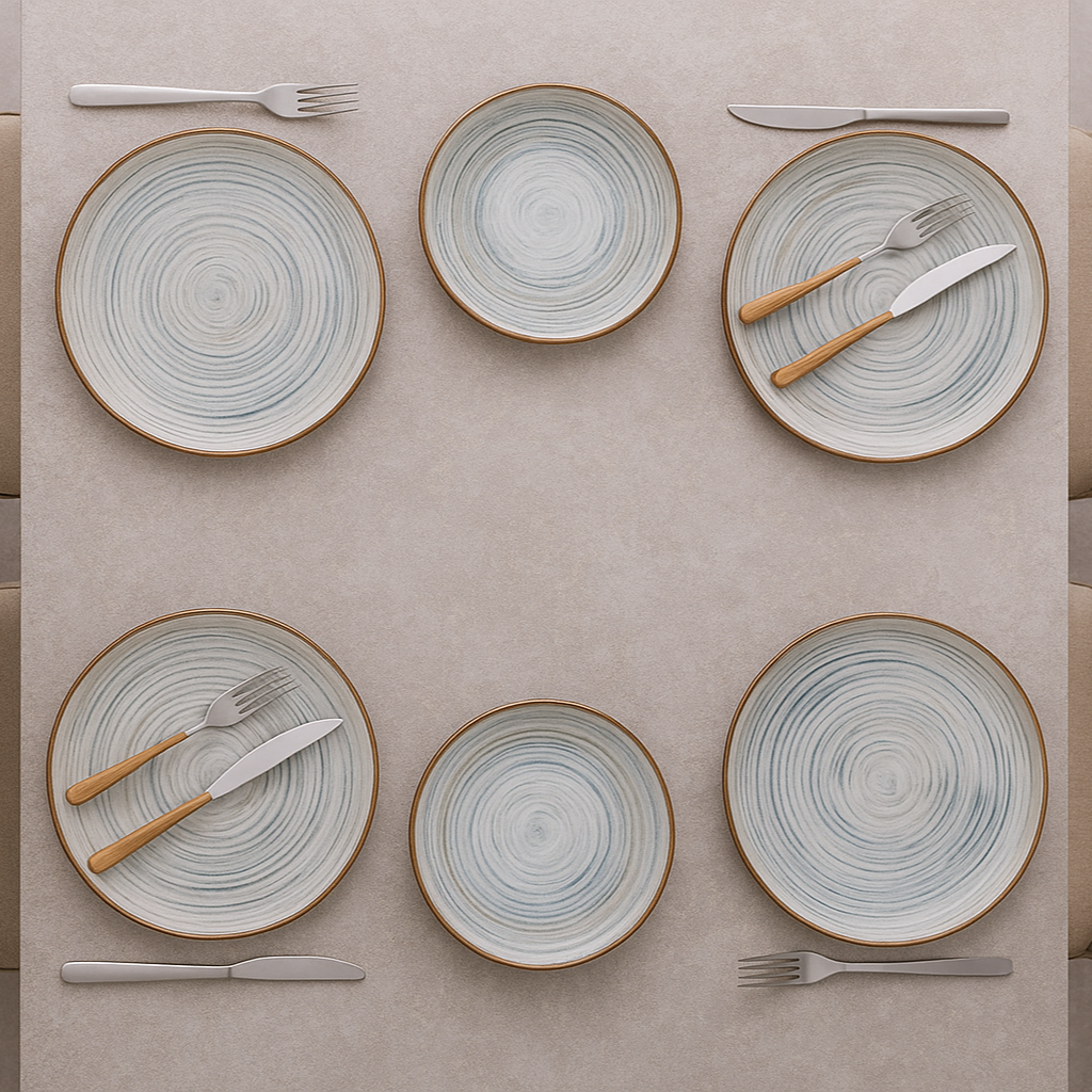 Dining table set with ceramic plates, cutlery, and chairs in a neutral setting.