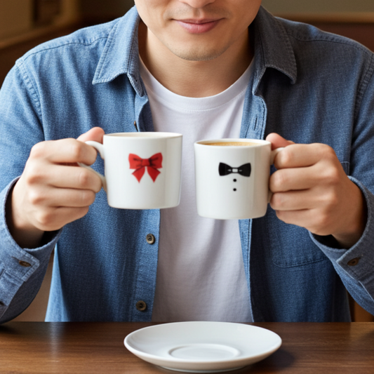 Person holding two mugs with a bow tie and tuxedo design, sitting at a table.