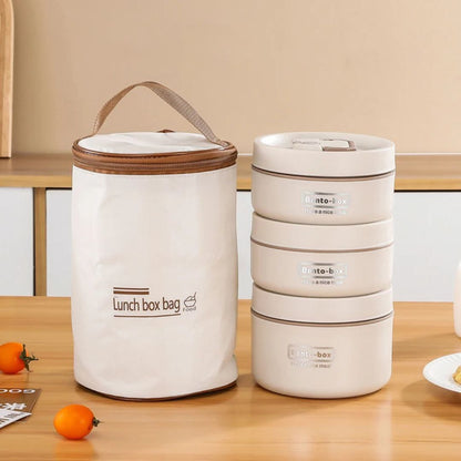 Lunch box bag and containers on a wooden table with a beige background